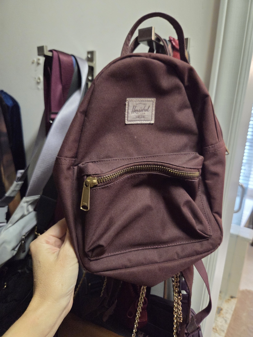 Herschel Purple/Burgundy Mini Backpack with Red-and-White Striped Lining